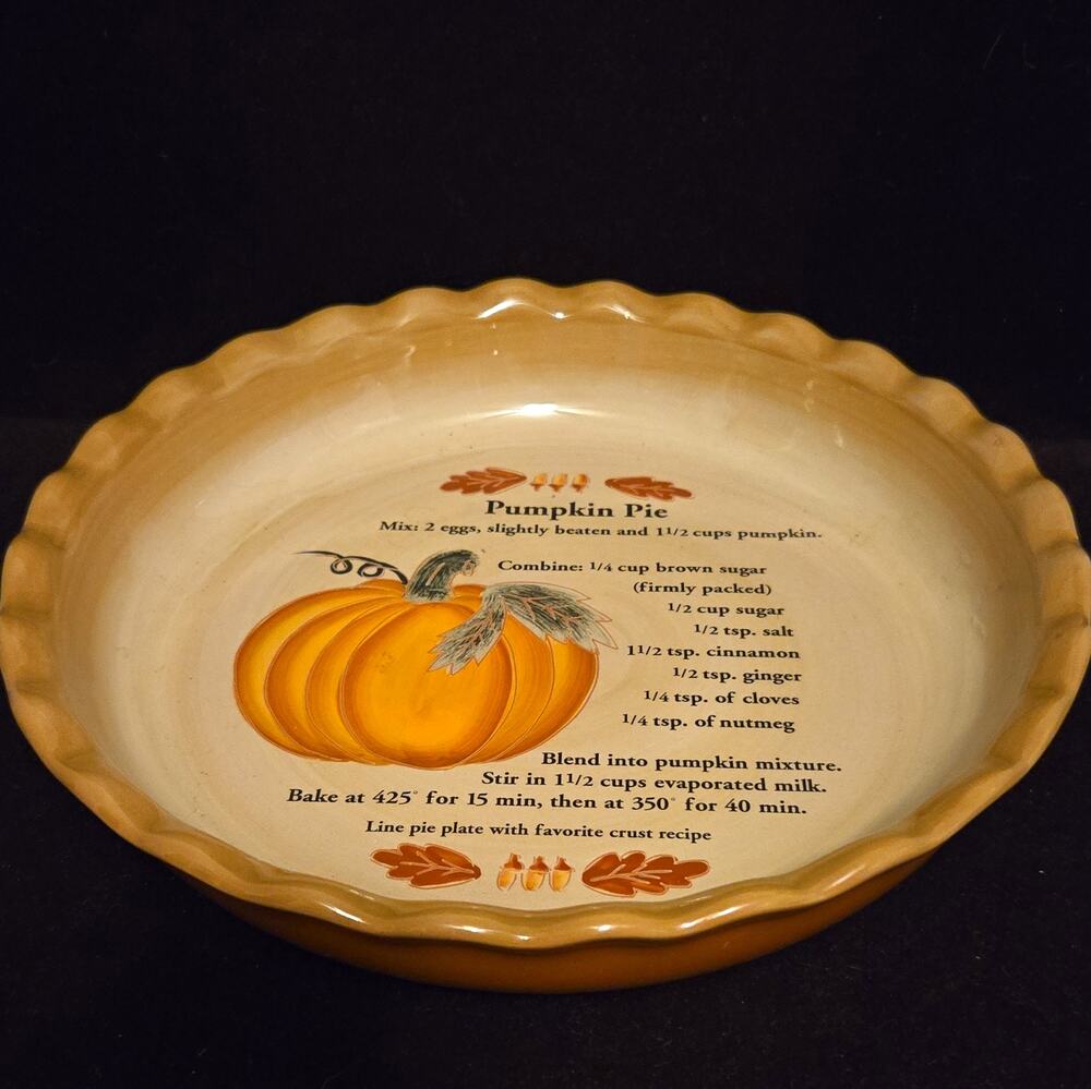 Harvest Ceramic Pumpkin Pie Recipe Plate Fluted Scalloped Edge Baking Dish 10"